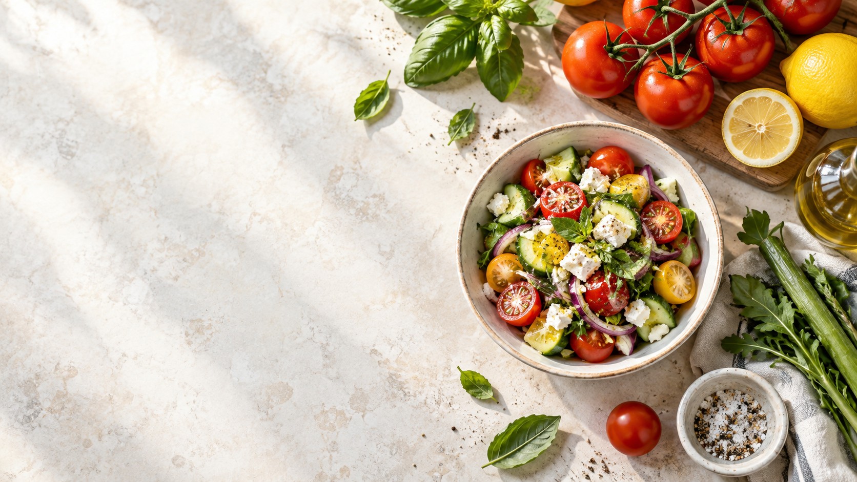 Sonniger Tisch mit frischen Tomaten, Zitronen, Gemüse und Salat