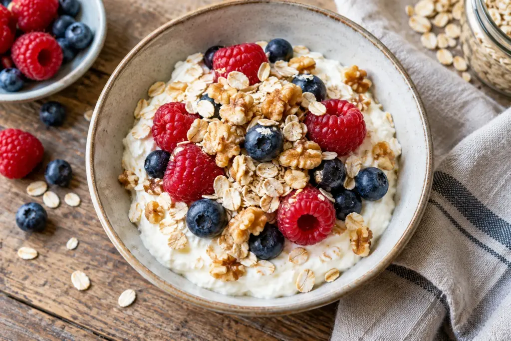 Quarkschale mit Beeren, Haferflocken und Walnussstücken
