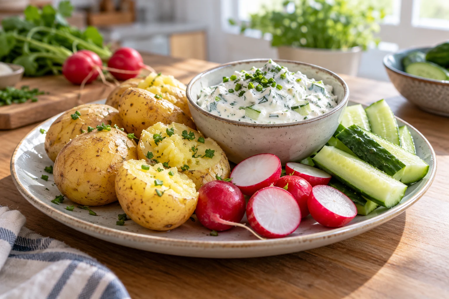 Gekochte Kartoffeln mit Kräuterquark, Gurkenstücken und Radieschen