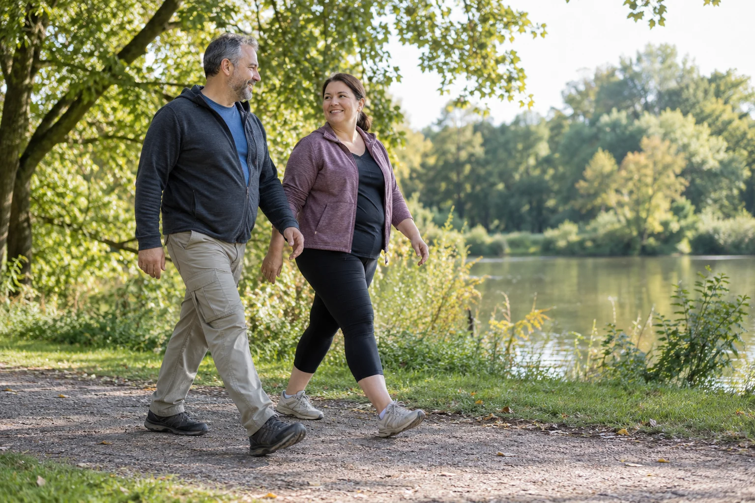 Zwei Erwachsene gehen gemeinsam auf einem Parkweg spazieren