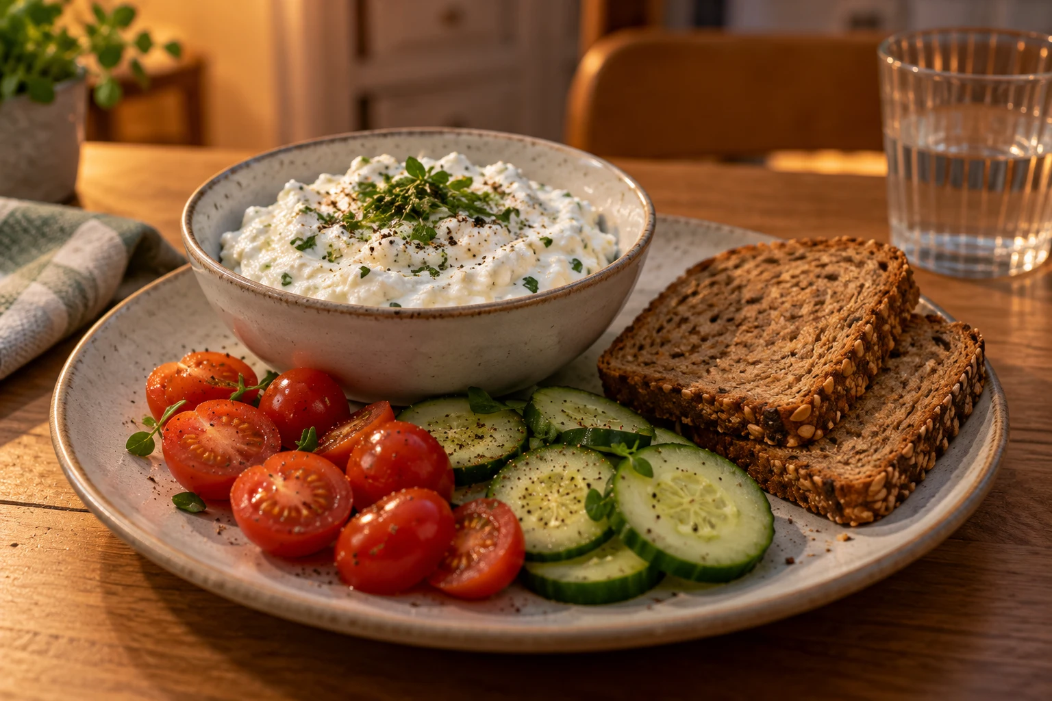 Kräuterquark mit Vollkornbrot, Gurke und Tomaten auf einem Abendbrotteller