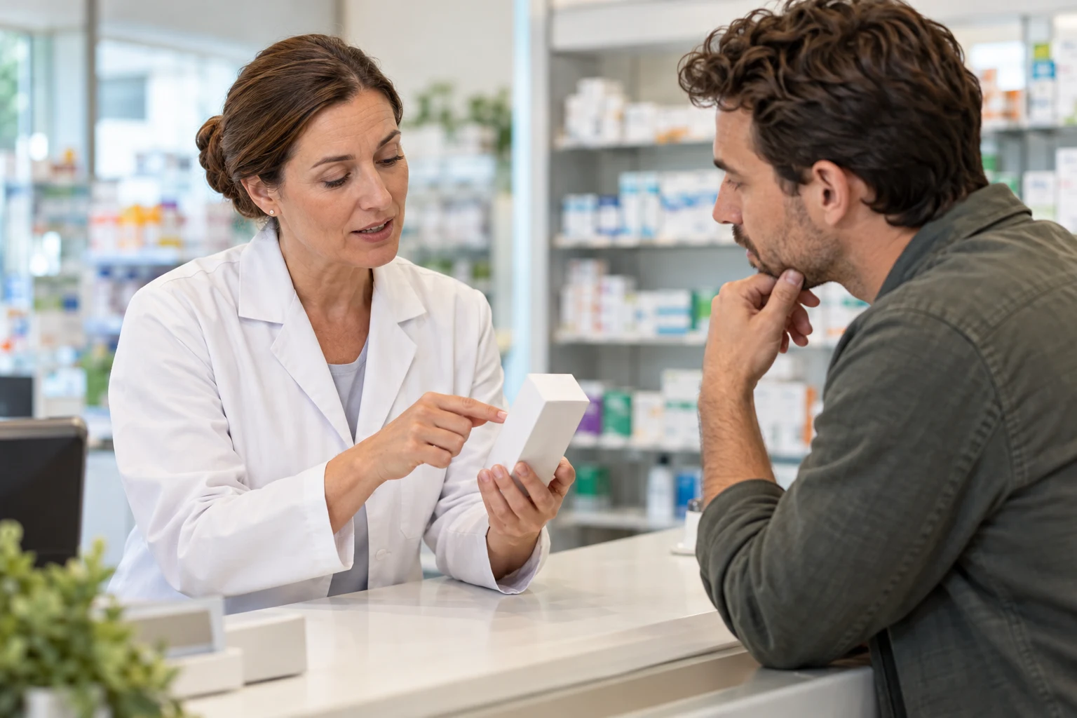 Apothekerin und Kunde besprechen eine neutrale Produktpackung